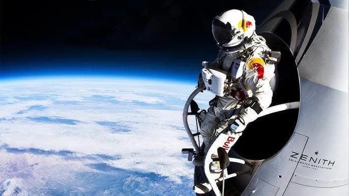 Red Bull Stratos — Felix Baumgartner steps from the capsule at the edge of space.